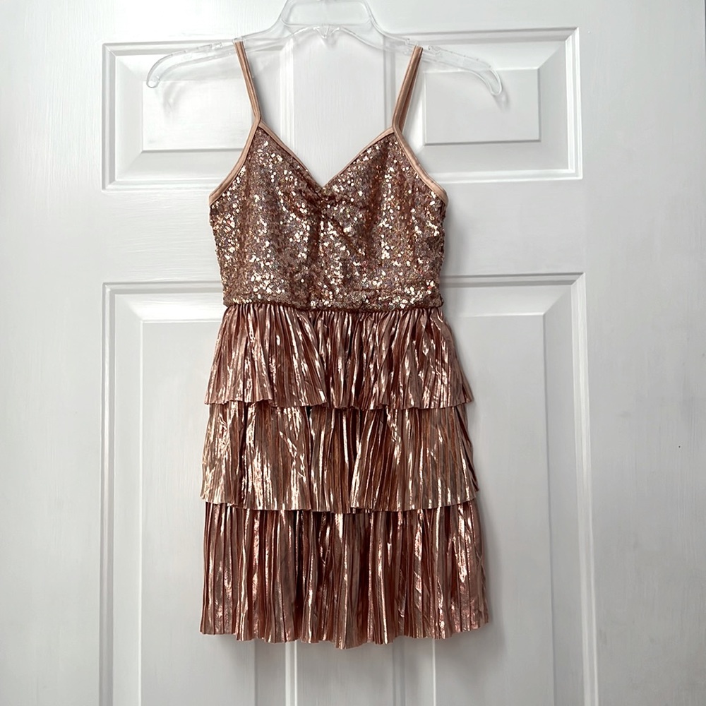 Brand New Rose Gold Sequin Dance Costume Ruffle Dress from Weissman Large Child